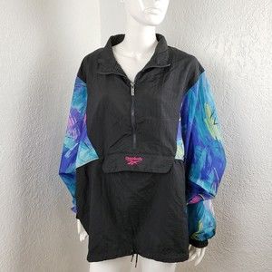 Vintage Reebok Windbreaker Bright Neon Retro 80s Ski Half Zip Up Jacket Multi